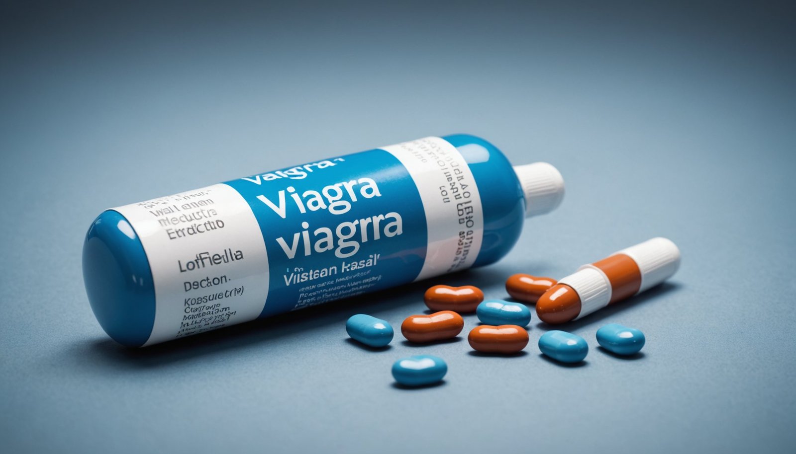 Viagra (sildenafil) tablets and informational medical illustration explaining how the drug works for erectile dysfunction