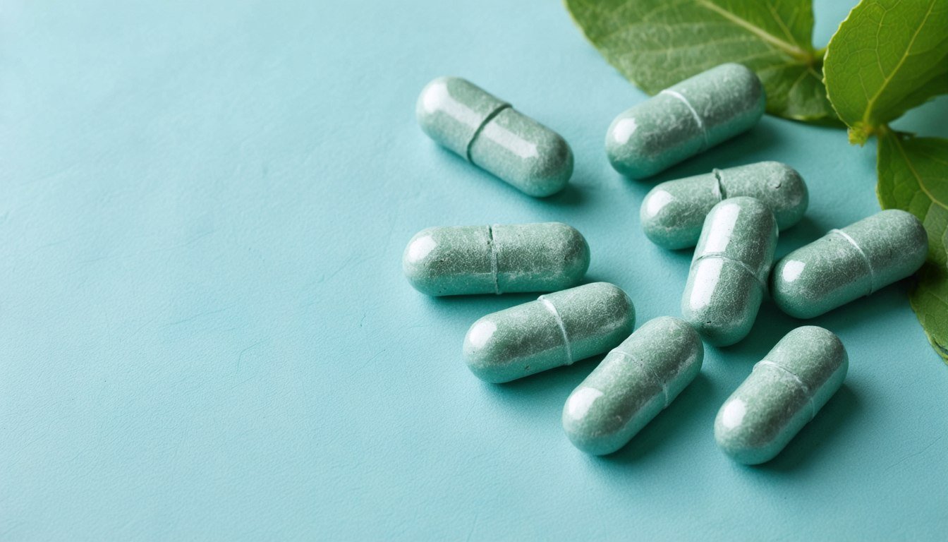 Bottles of herbal supplements and capsules marketed as natural alternatives to Viagra placed on a table with green plants in the background